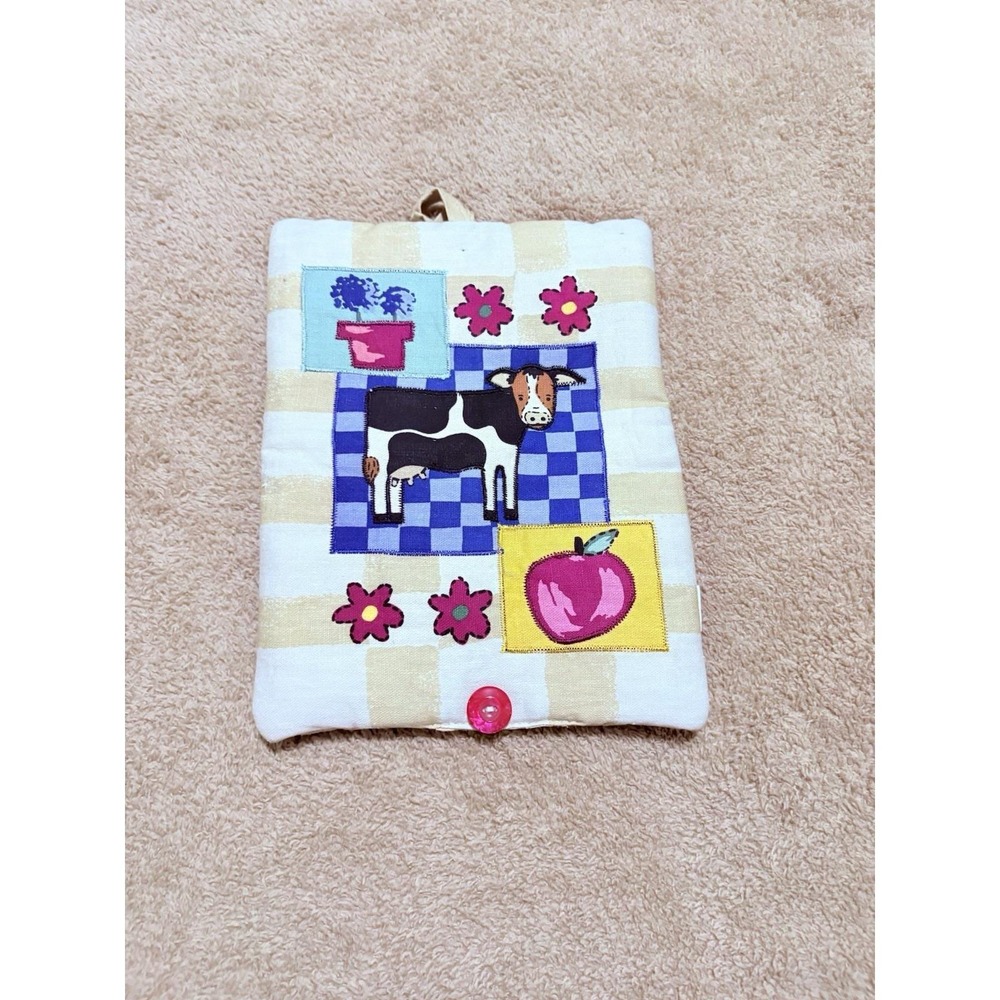 Vintage Quilted Puff Pot Holder Trivet For Hot Stuff Cow Print With Flowers
